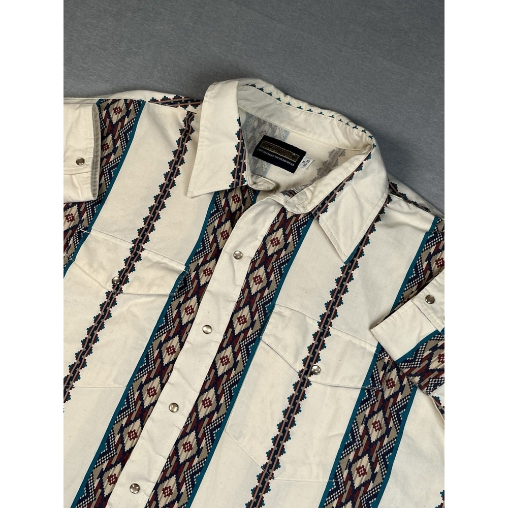 Vintage Panhandle Slim Western Ivory Pearl Snap button Shirt Aztec Long 18 35/36 - Picture 1 of 7